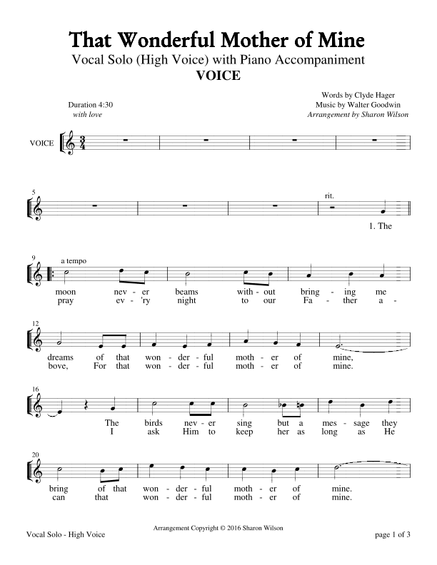 That Wonderful Mother of Mine - High Voice (Vocal Solo with Piano Accompaniment) (arr. Sharon Wilson)