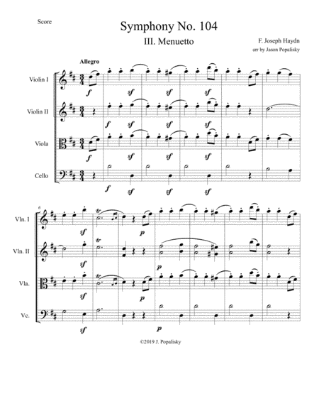 Menuetto from Symphony No. 104 "London" arranged for String Quartet (arr. Jason Popalisky)