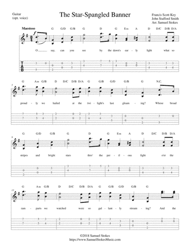 The Star-Spangled Banner - for guitar solo with TAB (optional voice) (arr. Samuel Stokes)