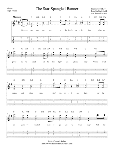 The Star-Spangled Banner - for guitar solo with TAB (optional voice) (arr. Samuel Stokes)