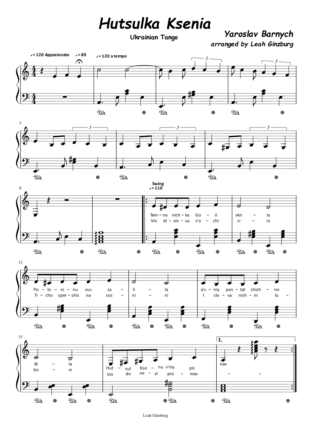 Hutsulka Ksenia (Ukrainian Tango) (arr. Leah Ginzburg)