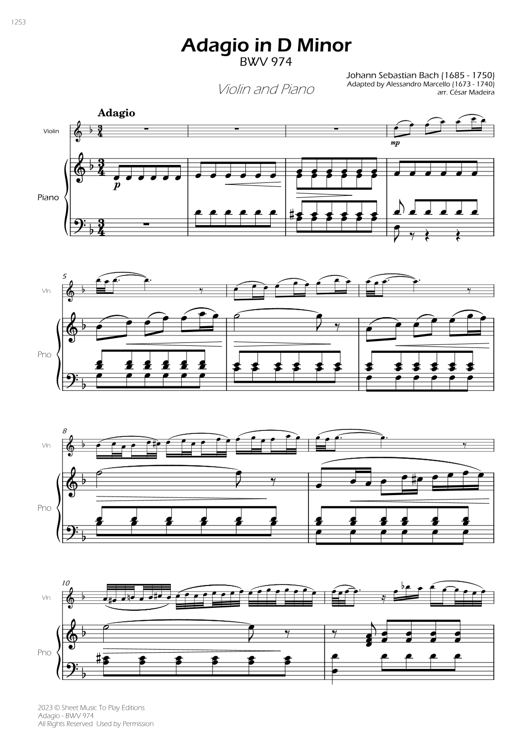 Adagio (BWV 974) - Violin and Piano (Full Score) (arr. César Madeira)