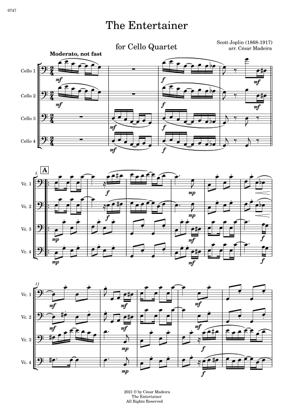 The Entertainer by Joplin - Cello Quartet (Full Score and Parts) (arr. César Madeira)