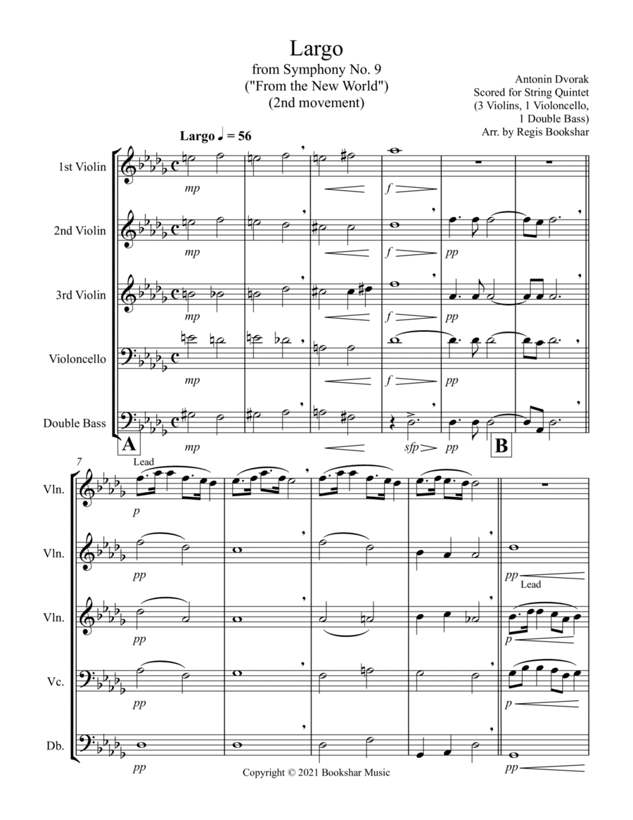 Largo (from "Symphony No. 9") ("From the New World") (Db) (String Quintet - 3 Violins, 1 Cello, 1 Ba (arr. Regis Bookshar)