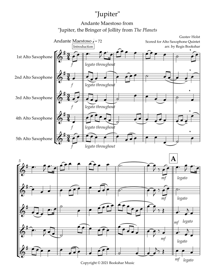 Jupiter (Andante Maestoso from "Jupiter, the Bringer of Jollity" from The Planets) (Bb) (Alto Saxoph (arr. Regis Bookshar)