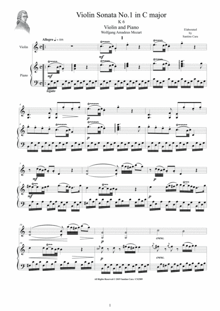 Mozart - Violin Sonata No.1 in C major KV 6 for Violin and Piano - Score and Part (arr. Santino Cara)