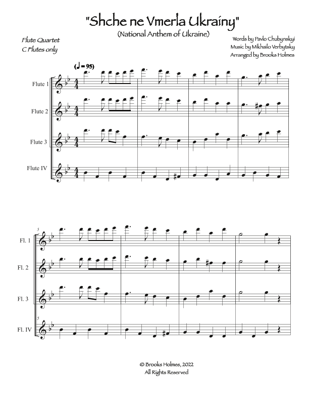 Schche ne Vmerla Ukrainy (Flute Quartet in g) National Anthem Of Ukraine - Four C Flutes (arr. Brooks Holmes)