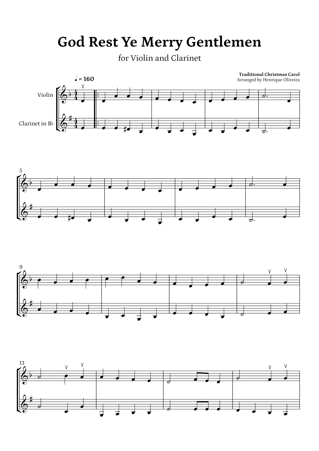 God Rest Ye Merry Gentlemen (Violin and Clarinet) - Beginner Level (arr. Henrique Oliveira)