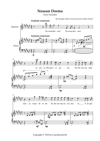 Nessun Dorma - Soprano & Piano (arr. Karen Gueiros)