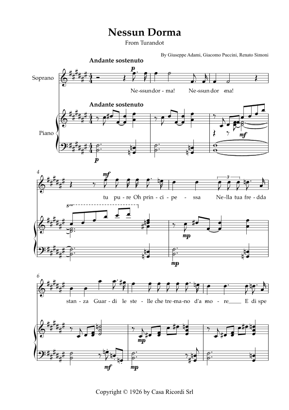 Nessun Dorma - Soprano & Piano (arr. Karen Gueiros)