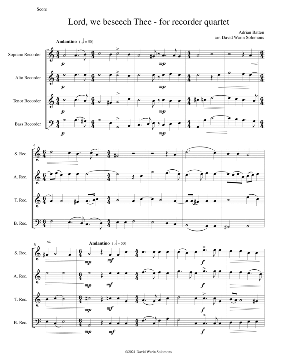 Lord, we beseech Thee for recorder quartet (arr. David Warin Solomons)