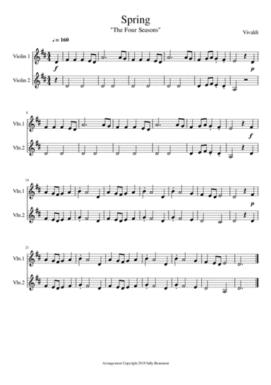 Spring - The Four Seasons - Easy Violin Duet (arr. Sally Beaumont)
