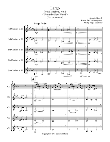 Largo (from "Symphony No. 9") ("From the New World") (Db) (Clarinet Quintet) (arr. Regis Bookshar)