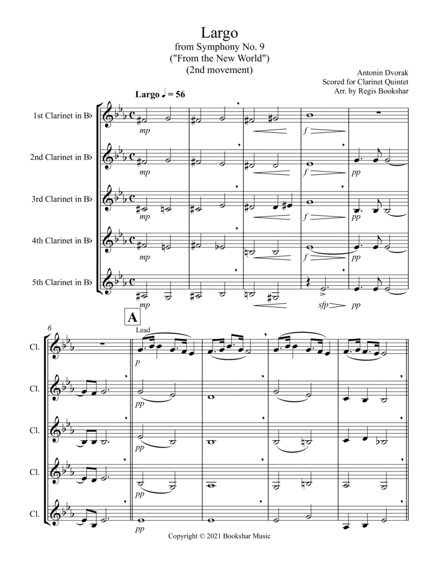 Largo (from "Symphony No. 9") ("From the New World") (Db) (Clarinet Quintet) (arr. Regis Bookshar)