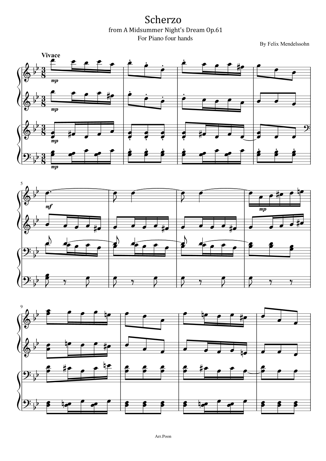 Mendelssohn - Scherzo - from A Midsummer Night's Dream - For Piano four hands Original (arr. poon)