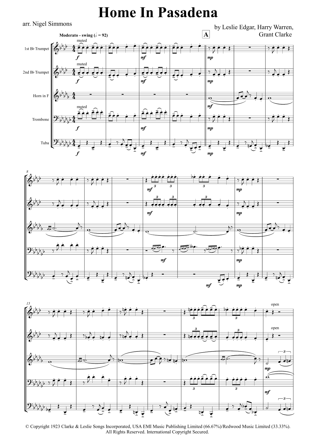 Home In Pasadena (arr. Nigel Simmons)
