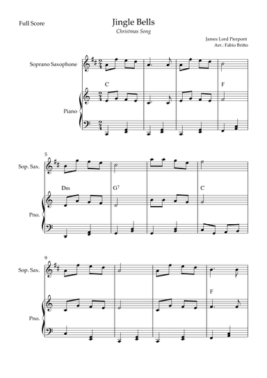 Jingle Bells (Christmas Song) for Soprano Saxophone Solo and Piano Accompaniment with Chords (arr. Fabio Britto)