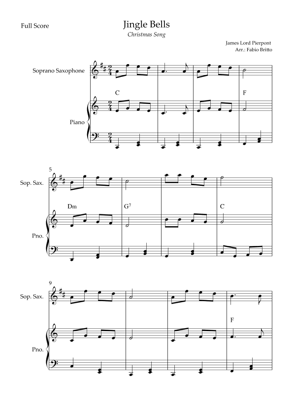 Jingle Bells (Christmas Song) for Soprano Saxophone Solo and Piano Accompaniment with Chords (arr. Fabio Britto)