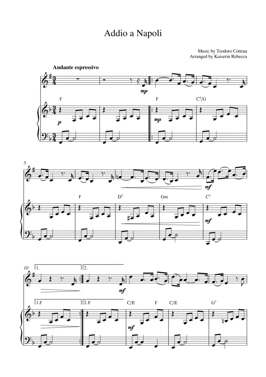 Addio a Napoli (for clarinet in B flat solo and piano accompaniment) (arr. Kaiserin Rebecca)