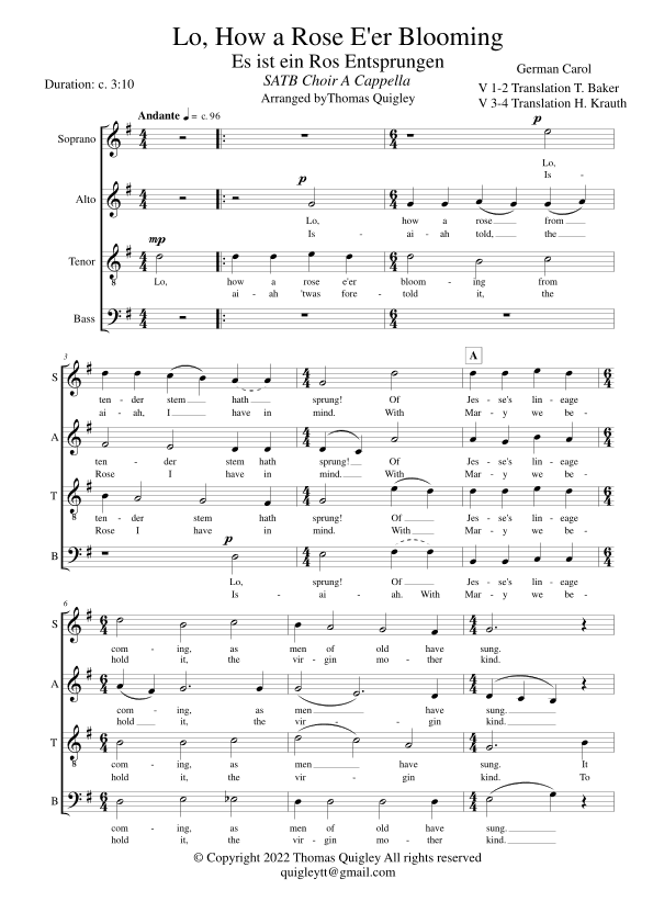 Lo, How a Rose E'er Blooming (SATB A Cappella) (arr. Thomas Quigley)