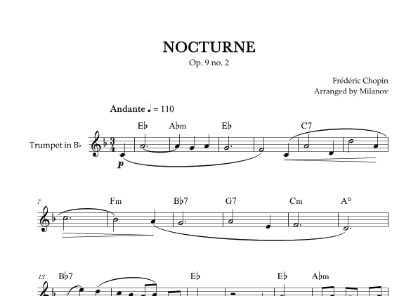 Chopin Nocturne op. 9 no. 2 | Trumpet in Bb | E-flat Major | Chords | Easy beginner (arr. Milanov)