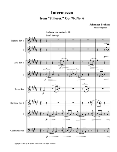 Intermezzo, Op. 76, No. 6 (Saxophone Septet + Contrabassoon) (arr. Richard Byrnes)