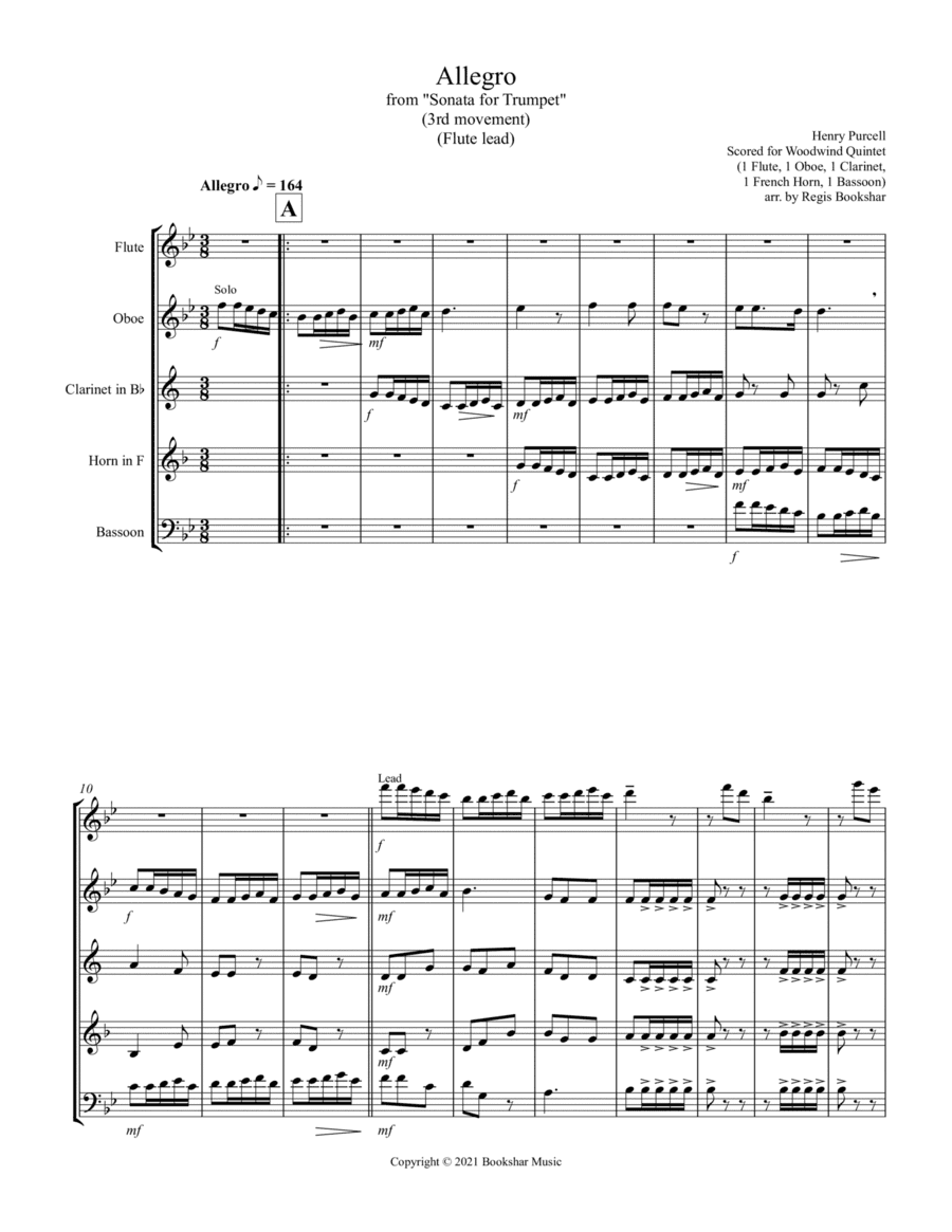 Allegro (from "Sonata for Trumpet") (Bb) (Woodwind Quintet - 1 Flute, 1 Oboe, 1 Clar, 1 Hrn, 1 Basso (arr. Regis Bookshar)