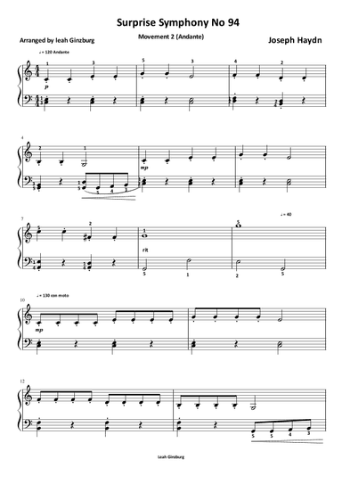 Surprise Symphony No 94 (Movement 2) by J Haydn (arr. Leah Ginzburg)