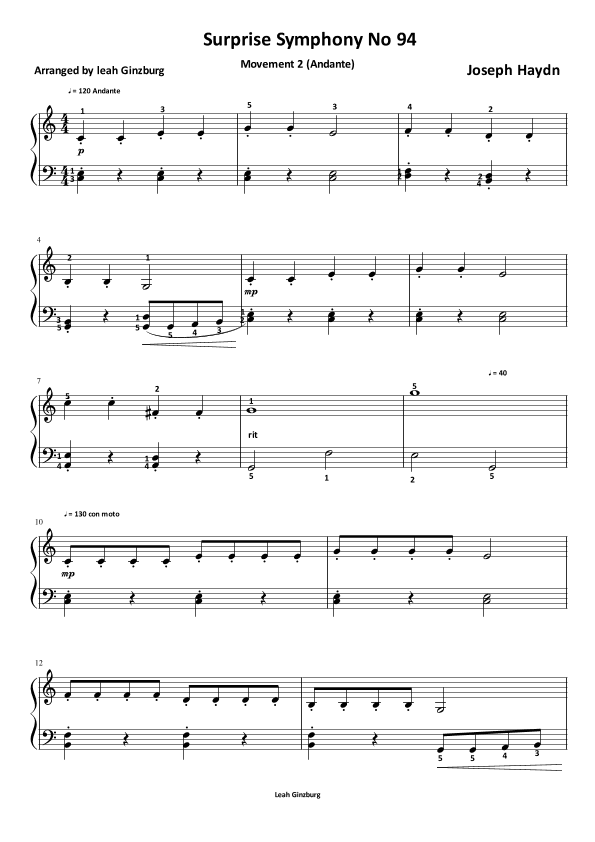 Surprise Symphony No 94 (Movement 2) by J Haydn (arr. Leah Ginzburg)