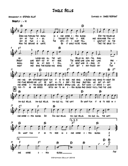 Jingle Bells - Lead sheet (melody, lyrics & chords) in key of Bb (arr. Stephen Bulat)