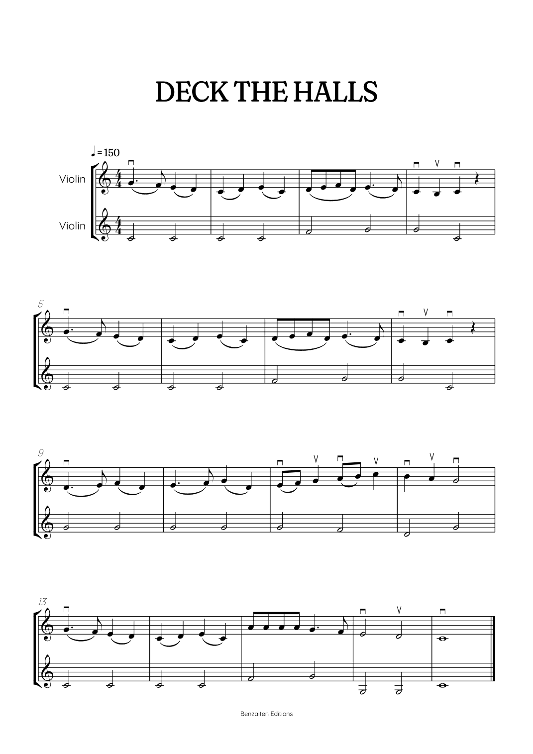 Deck the Halls for Violin Duet | super easy Christmas song sheet music with bowings (arr. Benzaiten Editions)