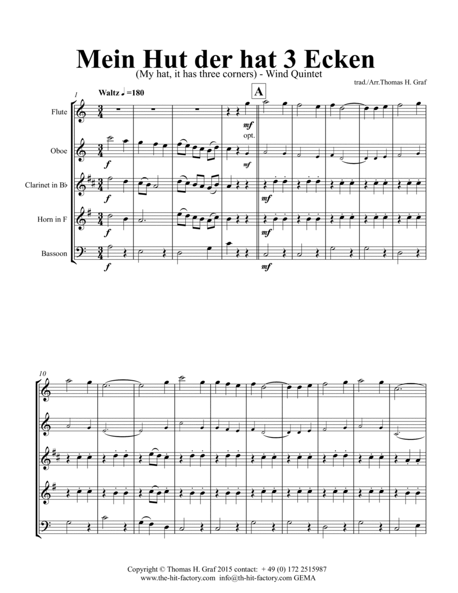 Mein Hut der hat 3 Ecken (My hat, it has three corners) - Folk - Wind Quintet (arr. Thomas Graf)