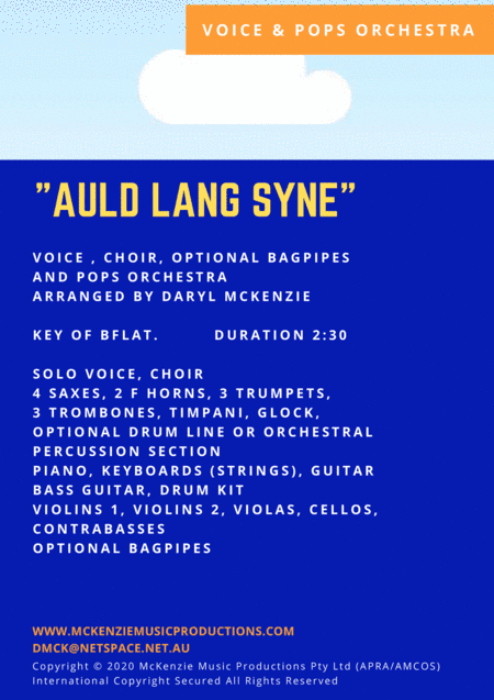 Auld Lang Syne - Solo Voice, Choir, Opt. Bagpipes, Pops Orchestra or Big Band Key of Bb (arr. Daryl McKenzie)
