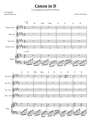 Canon In D (for Saxophone Quartet with  Piano) (arr. Daniel Nakamura)