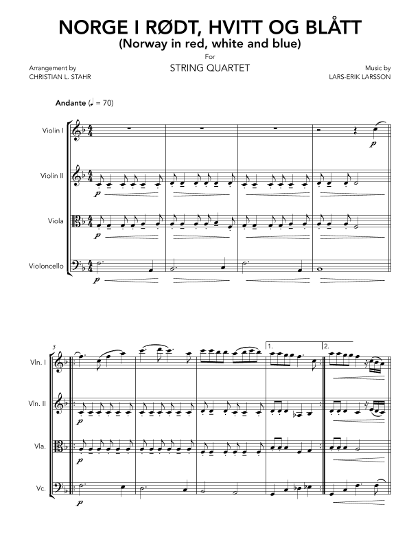 Norge i rødt, hvitt og blått (Norway in red, white and blue) for String Quartet (arr. Christian L. Stahr)