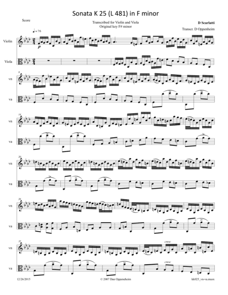 Scarlatti: Sonata K 25 (L 481) arr. for Violin and Viola (arr. D Oppenheim)