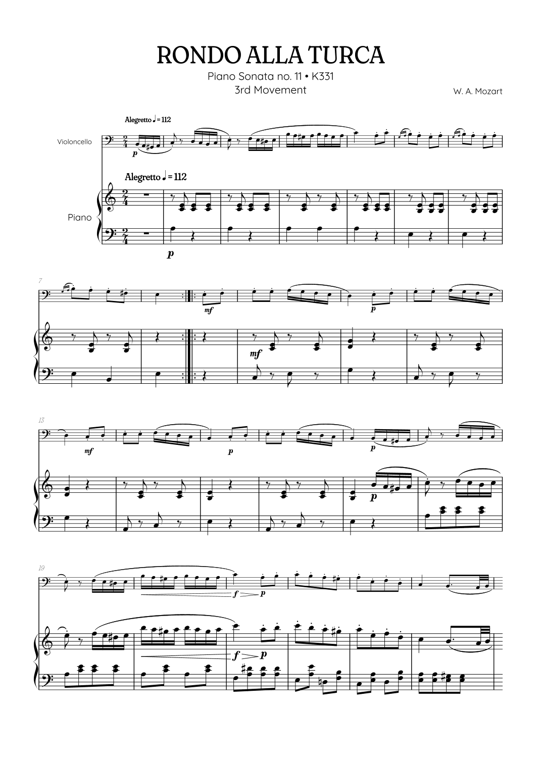 Rondo Alla Turca (Turkish March) • cello sheet music with piano accompaniment (arr. Benzaiten Editions)