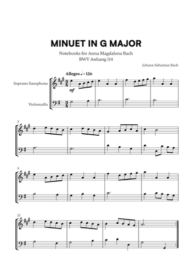 Minuet in G Major (BWV Anh. 114) (for Soprano Saxophone and Cello) (arr. Cadenza Editions)