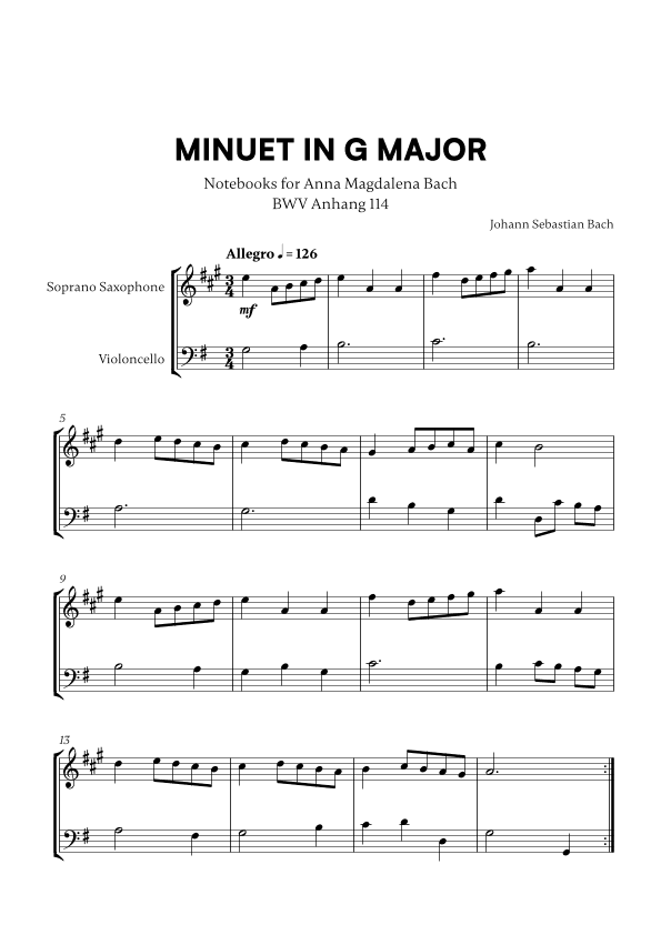 Minuet in G Major (BWV Anh. 114) (for Soprano Saxophone and Cello) (arr. Cadenza Editions)