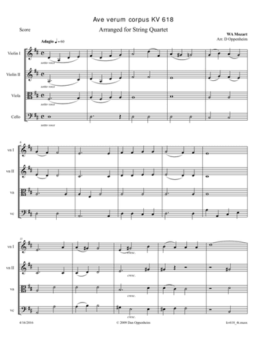 Mozart: Ave verum corpus (KV 618) arranged for String Quartet (arr. D Oppenheim)