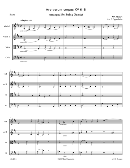 Mozart: Ave verum corpus (KV 618) arranged for String Quartet (arr. D Oppenheim)