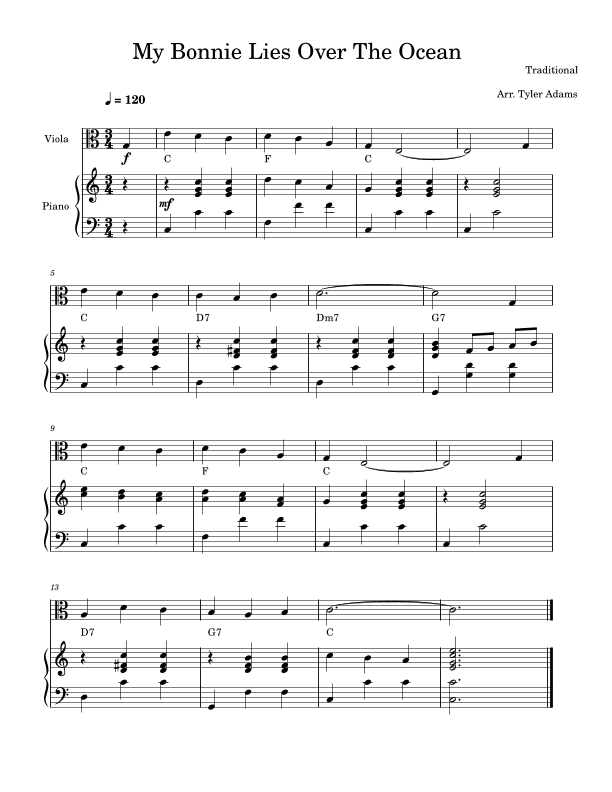My Bonnie Lies Over The Ocean (Easy Viola) (arr. Tyler Adams)
