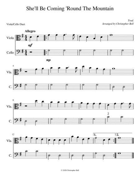 She'll Be Coming 'Round The Mountain - Easy Viola/Cello Duet (arr. Christopher Bell)
