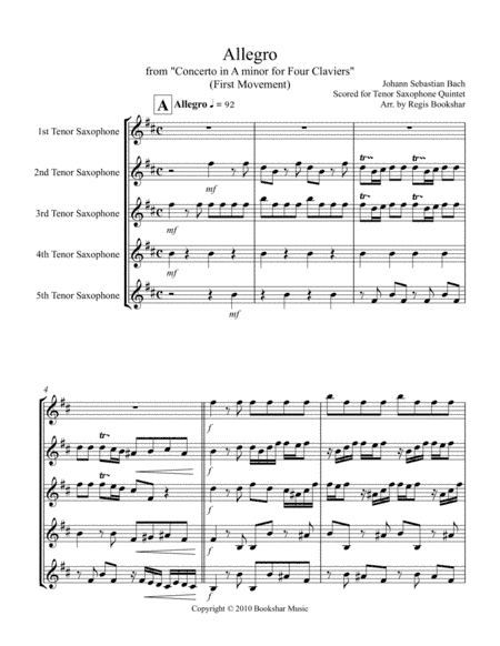 Allegro (from "Concerto for Four Claviers") (A min) (Tenor Saxophone Quintet) (arr. Regis Bookshar)