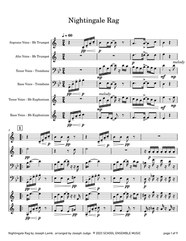 Nightingale Rag by Joseph Lamb for Brass Quartet in Schools (arr. Joseph Judge)
