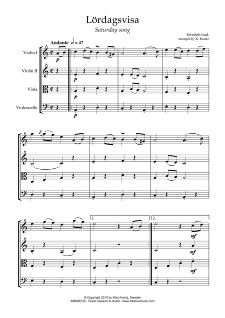 Lördagsvisa / Saturday Song for string quartet (arr. Klas Krantz)
