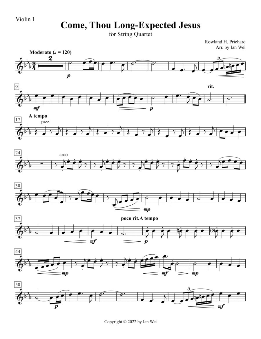 Come, Thou Long-Expected Jesus for String Quartet (arr. Ian Wei)