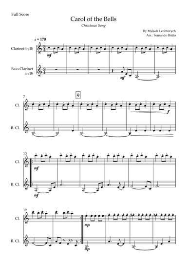 Carol of the Bells in Jazz Version (Christmas Song) for Clarinet in Bb & Bass Clarinet in Bb Duo (arr. Fabio Britto)
