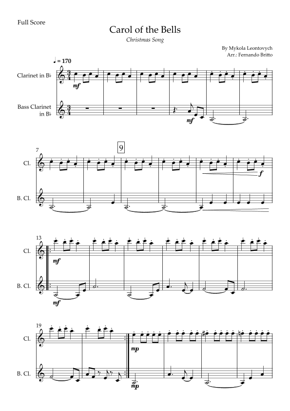 Carol of the Bells in Jazz Version (Christmas Song) for Clarinet in Bb & Bass Clarinet in Bb Duo (arr. Fabio Britto)
