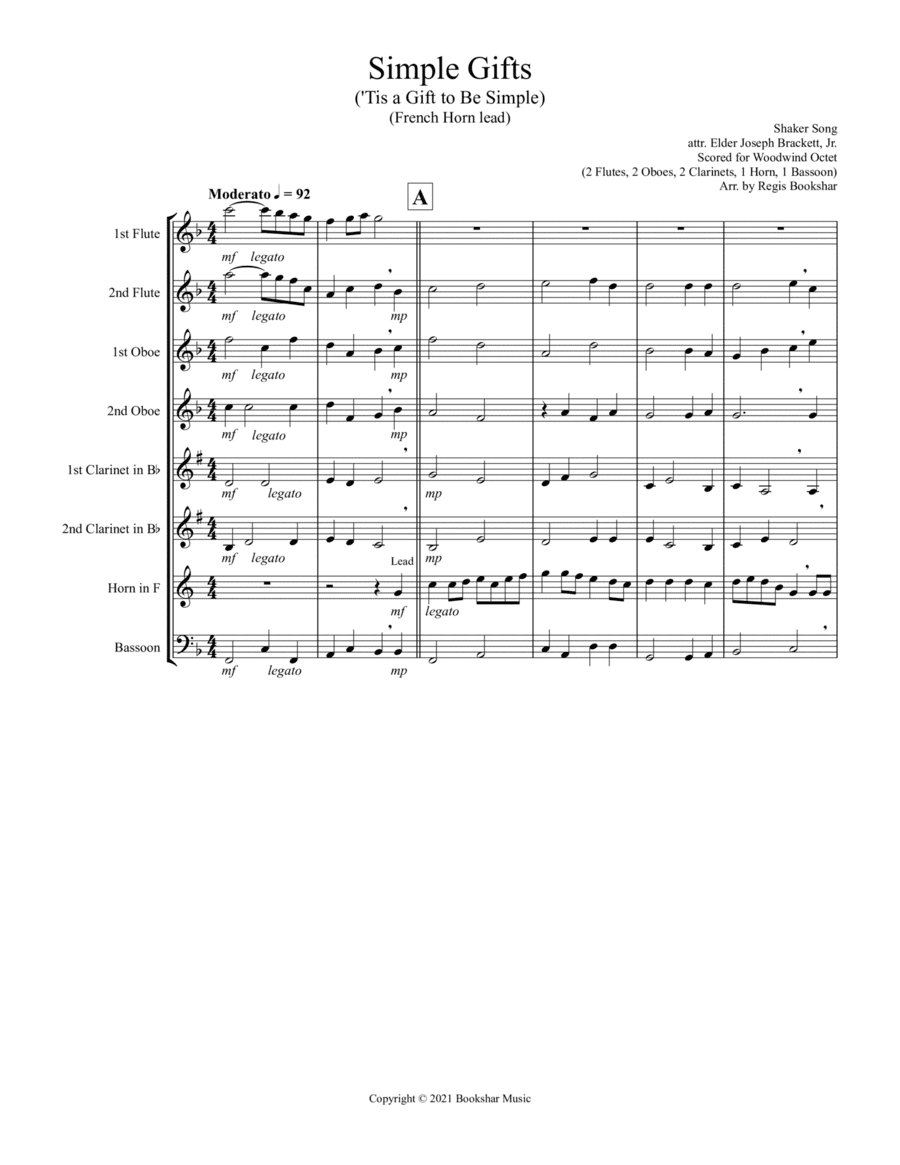 Simple Gifts ('Tis the Gift to Be Simple) (F) (Woodwind Octet - 2 Flute, 2 Oboe, 2 Clar, 1 Hrn, 1 Ba (arr. Regis Bookshar)